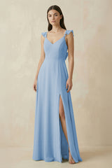 Steel Blue Ruffled Sleeve A-Line Chiffon Bridesmaid Dress | KISSBRIDAL