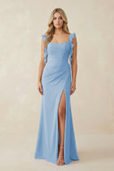 Steel Blue Ruffled Sleeve Ruched Sheath Chiffon Bridesmaid Dress | KISSBRIDAL