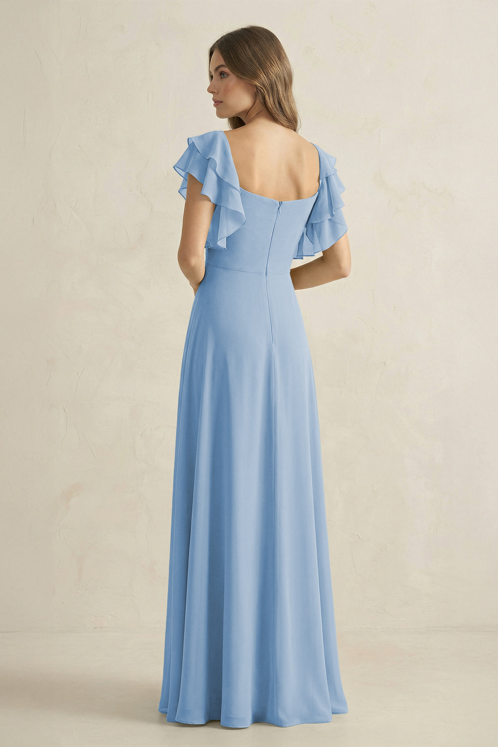 Ruffled Sleeves A-Line Chiffon Bridesmaid Dress in Steel Blue