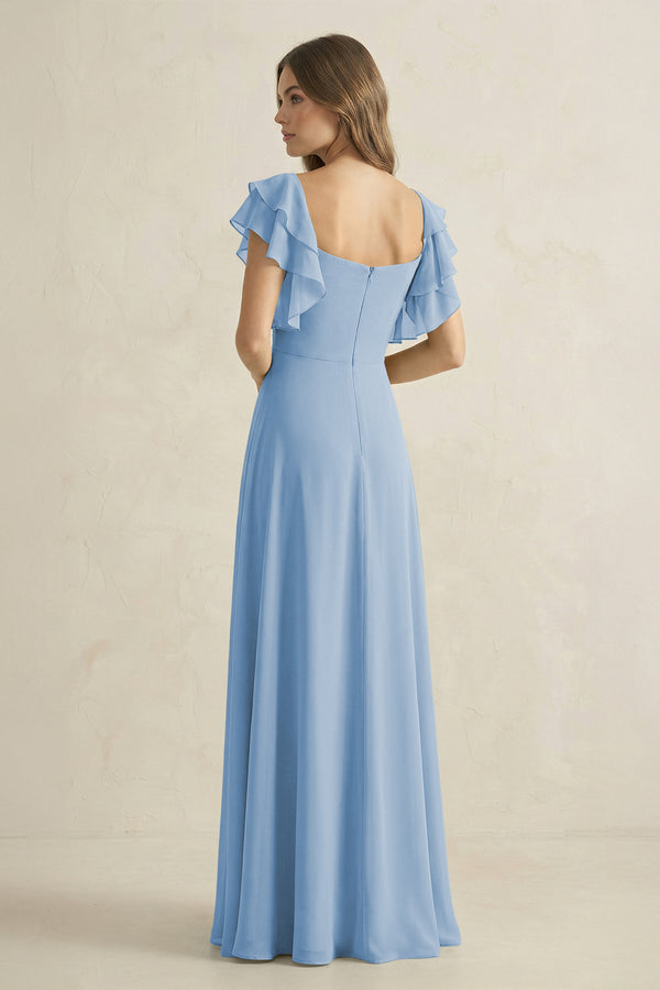 Steel Blue Ruffled Sleeves A-Line Chiffon Bridesmaid Dress (2) | KISSBRIDAL