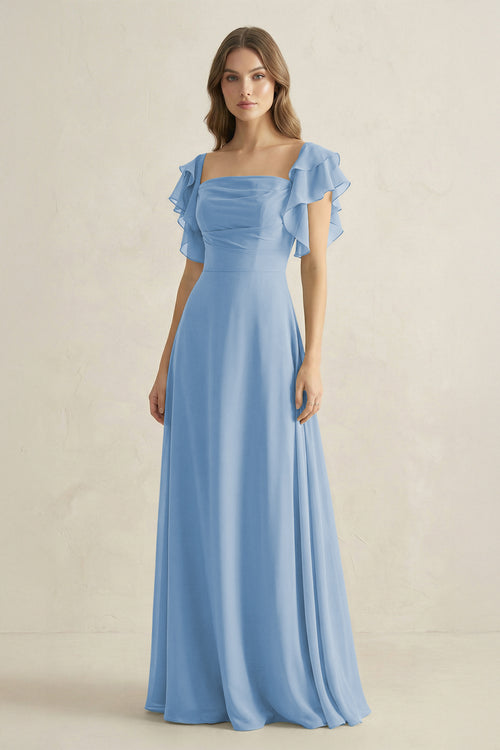 Steel Blue Ruffled Sleeves A-Line Chiffon Bridesmaid Dress | KISSBRIDAL