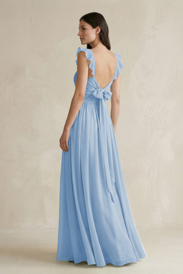 Steel Blue Ruffled Spaghetti Strap Chiffon A-Line Bridesmaid Dress (2) | KISSBRIDAL