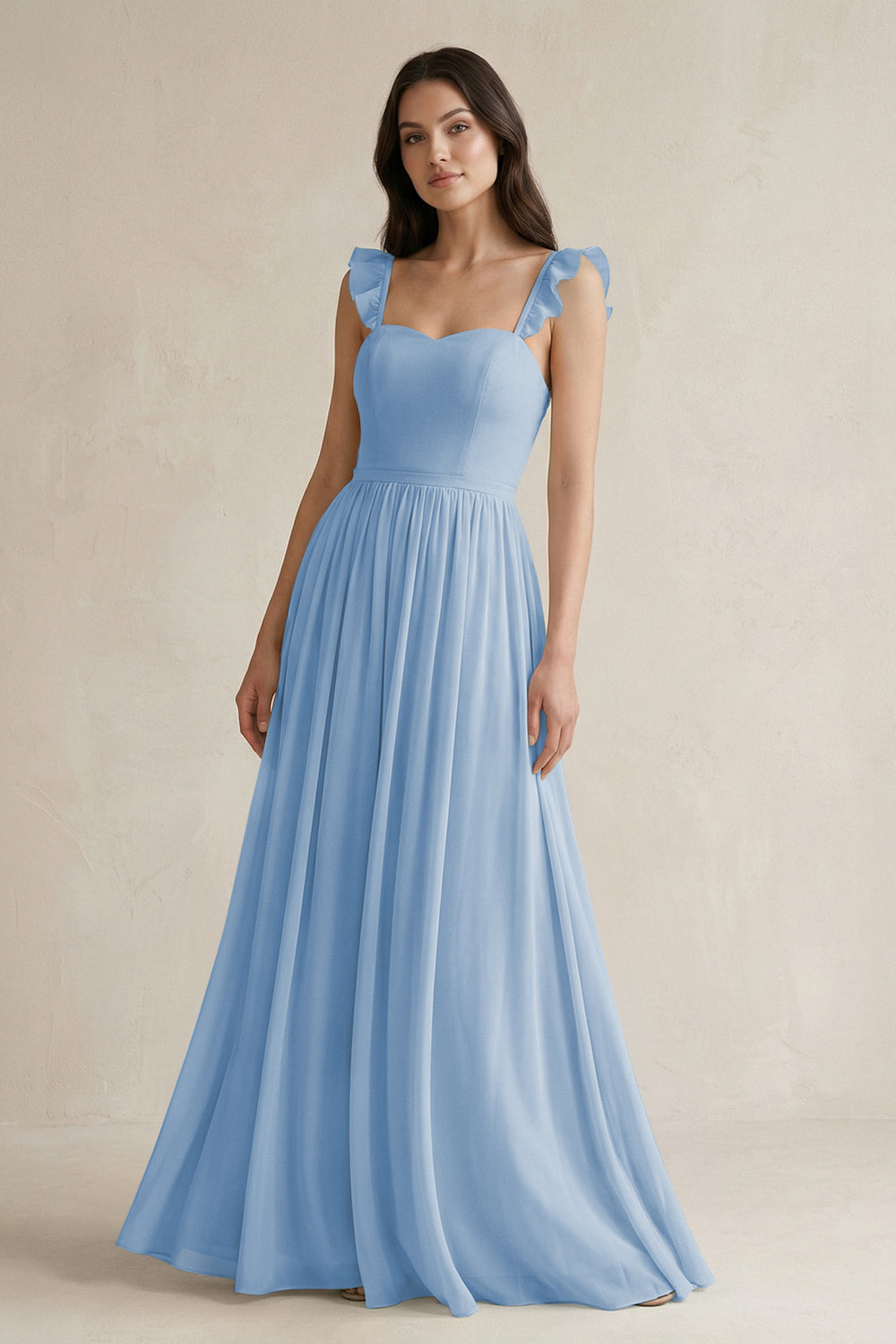Ruffled Spaghetti Strap Chiffon A-Line Bridesmaid Dress in Steel Blue