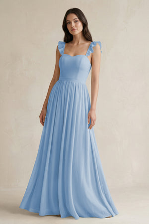 Steel Blue Ruffled Spaghetti Strap Chiffon A-Line Bridesmaid Dress | KISSBRIDAL