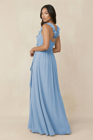 Steel Blue Ruffled V-Neck A-Line Chiffon Bridesmaid Dress (2) | KISSBRIDAL