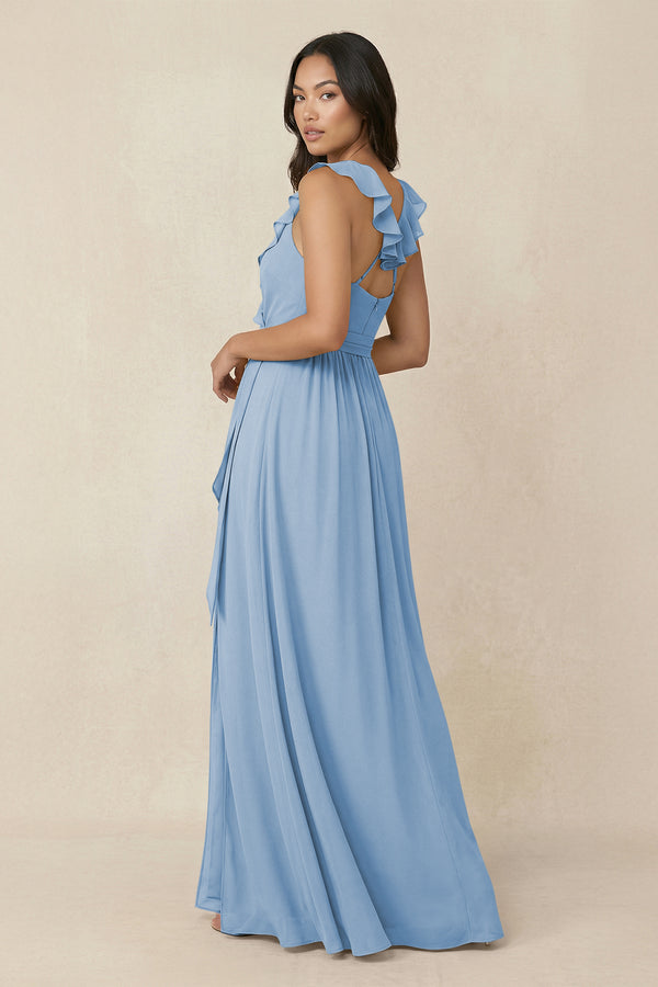 Steel Blue Ruffled V-Neck A-Line Chiffon Bridesmaid Dress (2) | KISSBRIDAL