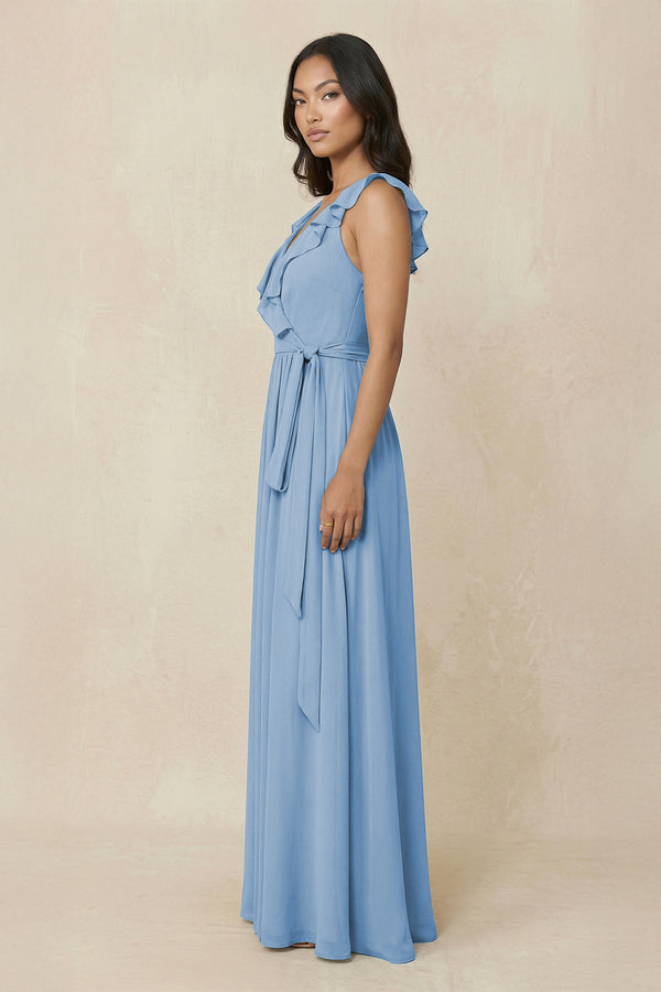 Steel Blue Ruffled V-Neck A-Line Chiffon Bridesmaid Dress (3) | KISSBRIDAL