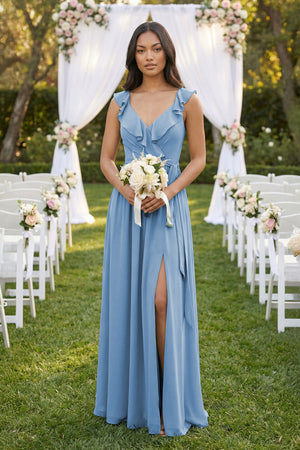 Steel Blue Ruffled V-Neck A-Line Chiffon Bridesmaid Dress (4) | KISSBRIDAL