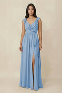 Steel Blue Ruffled V-Neck A-Line Chiffon Bridesmaid Dress | KISSBRIDAL