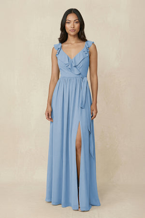 Steel Blue Ruffled V-Neck A-Line Chiffon Bridesmaid Dress | KISSBRIDAL
