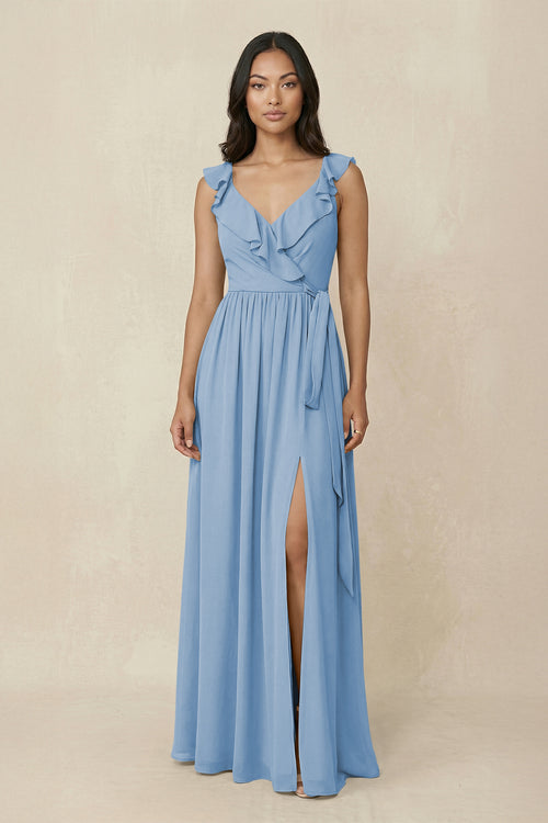 Steel Blue Ruffled V-Neck A-Line Chiffon Bridesmaid Dress | KISSBRIDAL