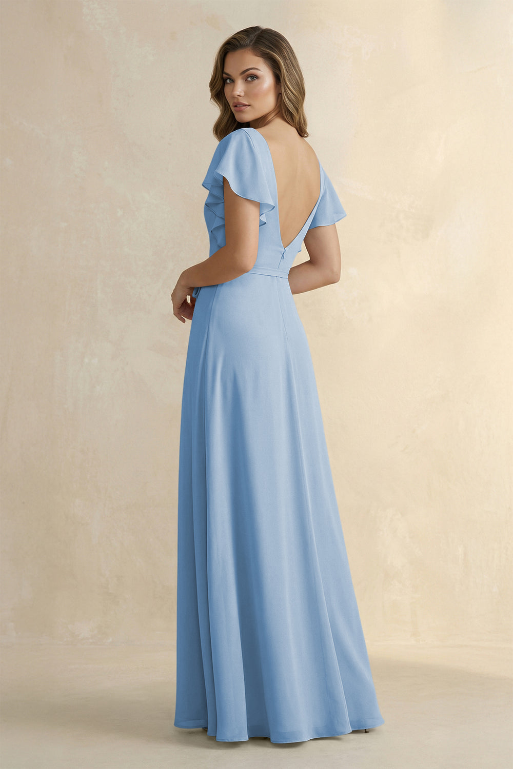 Ruffled V-Neck Chiffon A-Line Bridesmaid Dress in Steel Blue
