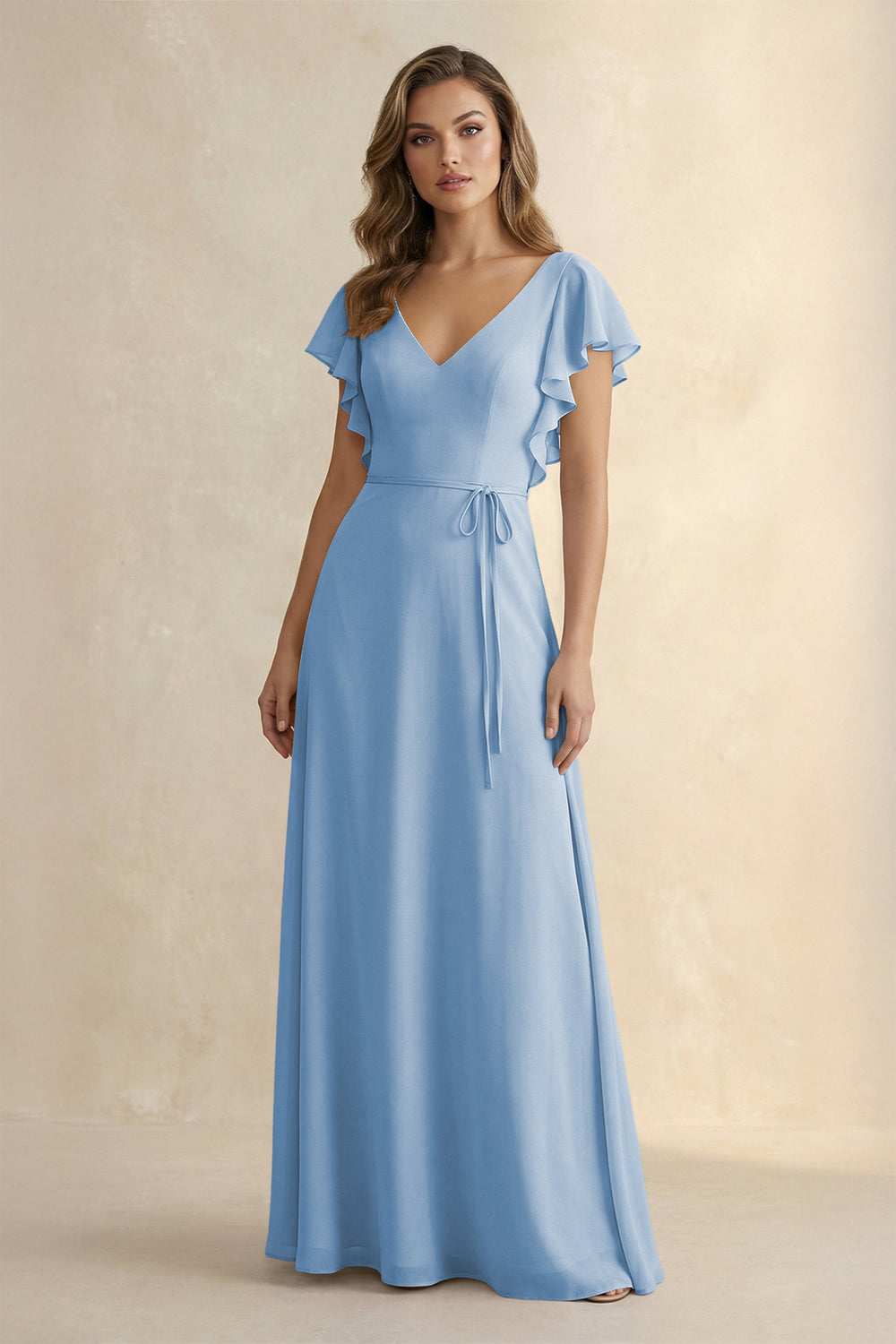 Ruffled V-Neck Chiffon A-Line Bridesmaid Dress in Steel Blue