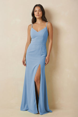 Steel Blue Sheath Cami Strap Chiffon Bridesmaid Dress with Slit | KISSBRIDAL