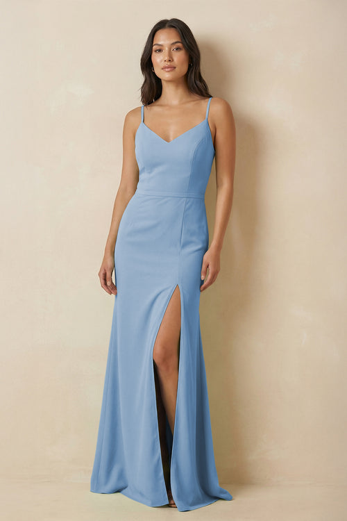 Steel Blue Sheath Cami Strap Chiffon Bridesmaid Dress with Slit | KISSBRIDAL