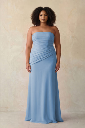 Steel Blue Sheath Chiffon Strapless Pleated Bridesmaid Dress (3) [sizeplus] | KISSBRIDAL