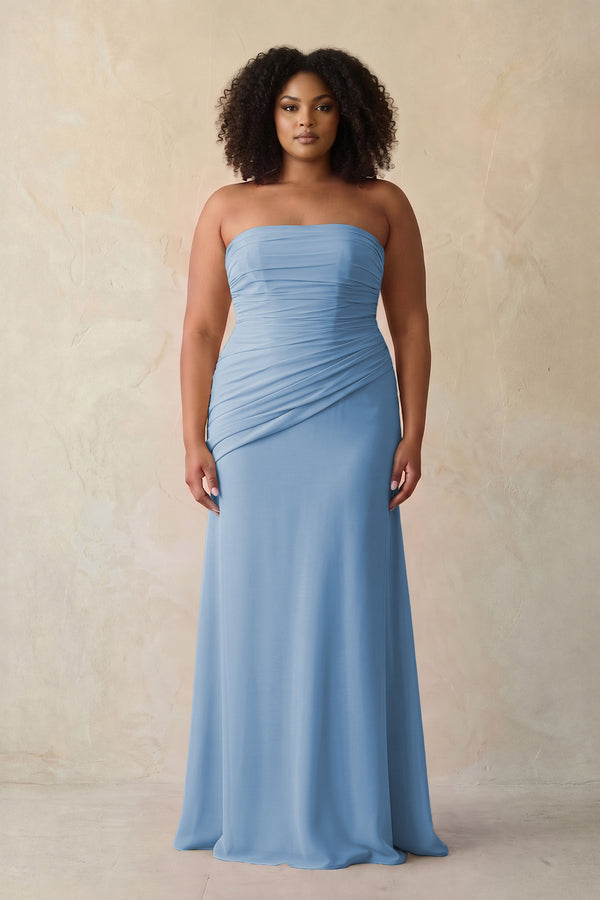 Steel Blue Sheath Chiffon Strapless Pleated Bridesmaid Dress (3) [sizeplus] | KISSBRIDAL