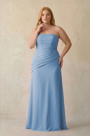 Steel Blue Sheath Chiffon Strapless Pleated Bridesmaid Dress [sizeplus] | KISSBRIDAL