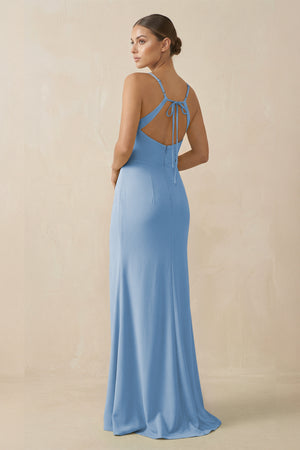 Steel Blue Sheath Spaghetti Straps Chiffon Long Bridesmaid Dress (2) | KISSBRIDAL