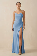 Steel Blue Sheath Spaghetti Straps Chiffon Long Bridesmaid Dress | KISSBRIDAL