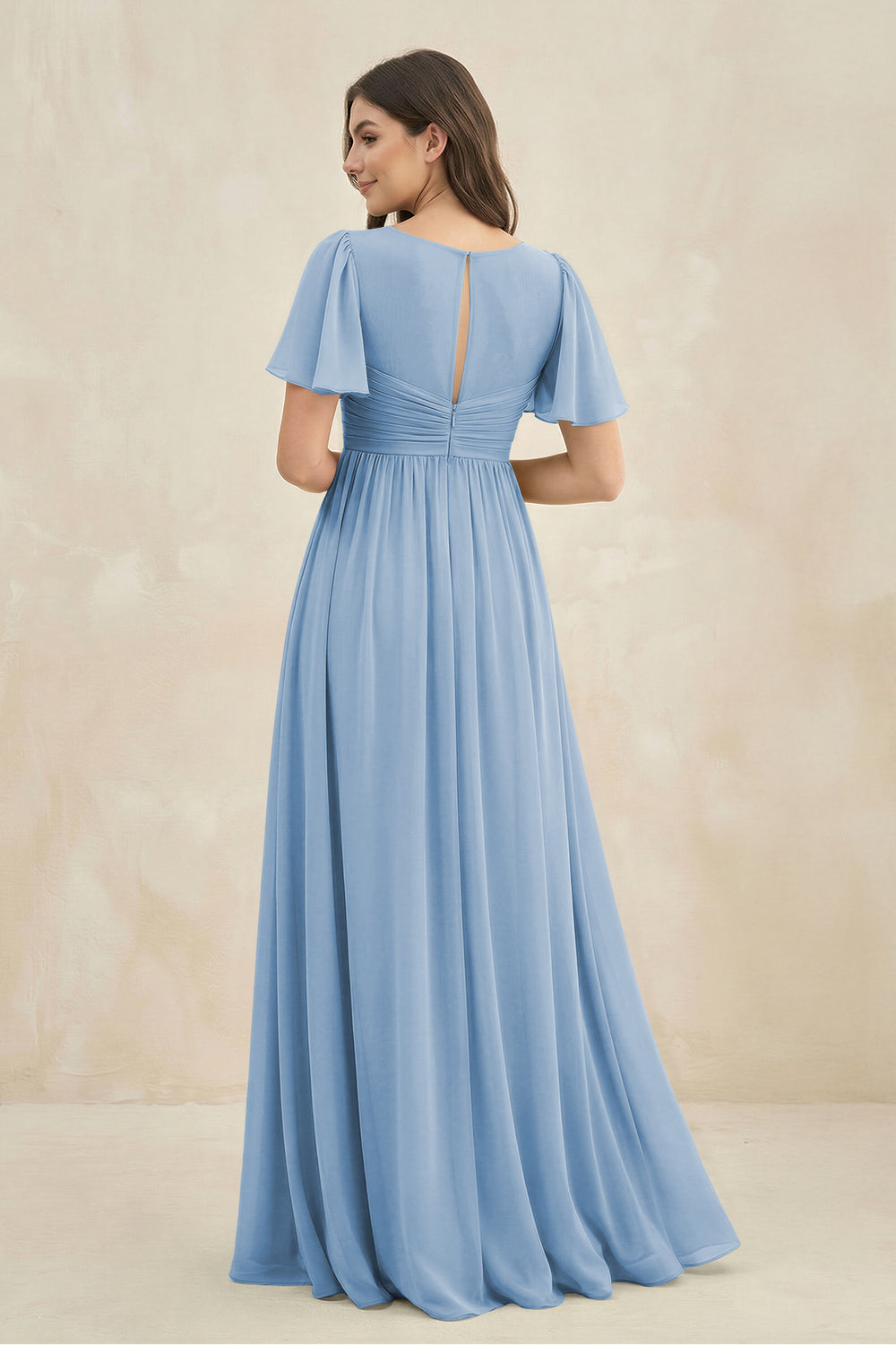 Short Sleeve Chiffon V-Neck A-Line Bridesmaid Dress in Steel Blue