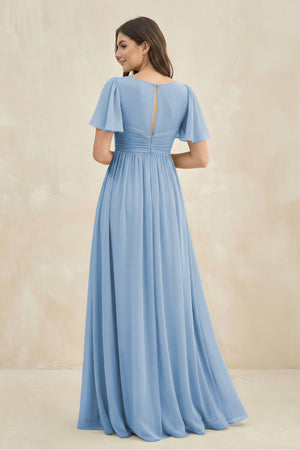 Steel Blue Short Sleeve Chiffon V-Neck A-Line Bridesmaid Dress (2) | KISSBRIDAL