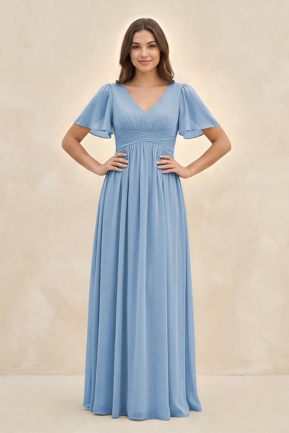 Short Sleeve Chiffon V-Neck A-Line Bridesmaid Dress in Steel Blue