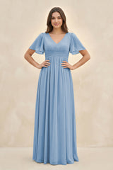 Steel Blue Short Sleeve Chiffon V-Neck A-Line Bridesmaid Dress | KISSBRIDAL