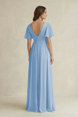 Steel Blue Short Sleeve V-Neck A-Line Chiffon Bridesmaid Dress (2) | KISSBRIDAL