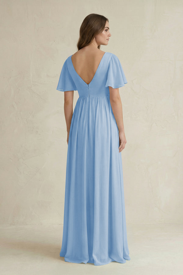 Steel Blue Short Sleeve V-Neck A-Line Chiffon Bridesmaid Dress (2) | KISSBRIDAL