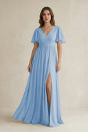 Steel Blue Short Sleeve V-Neck A-Line Chiffon Bridesmaid Dress | KISSBRIDAL