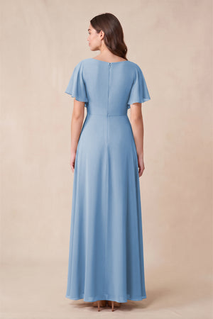 Steel Blue Short Sleeves Bateau A-Line Chiffon Bridesmaid Dress (2) | KISSBRIDAL