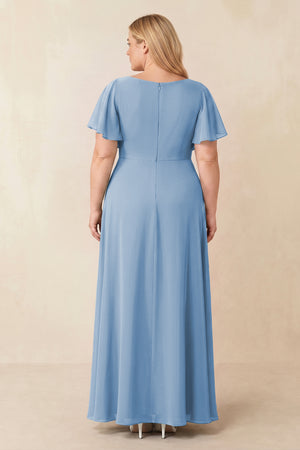 Steel Blue Short Sleeves Bateau A-Line Chiffon Bridesmaid Dress (2) [sizeplus] | KISSBRIDAL
