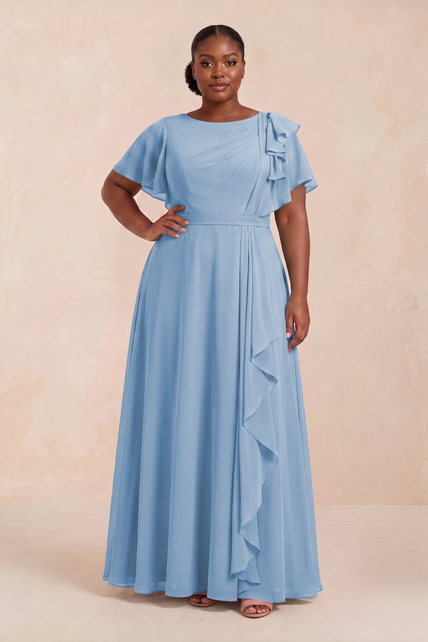 Steel Blue Short Sleeves Bateau A-Line Chiffon Bridesmaid Dress (3) [sizeplus] | KISSBRIDAL