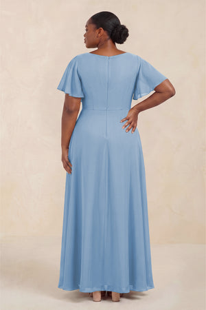 Steel Blue Short Sleeves Bateau A-Line Chiffon Bridesmaid Dress (4) [sizeplus] | KISSBRIDAL