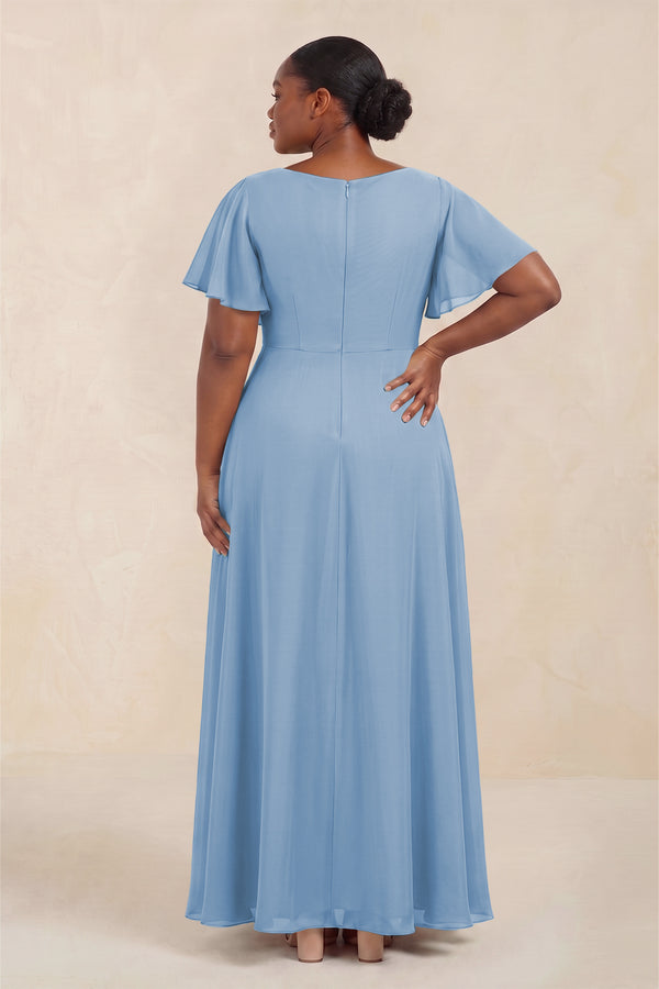 Steel Blue Short Sleeves Bateau A-Line Chiffon Bridesmaid Dress (4) [sizeplus] | KISSBRIDAL