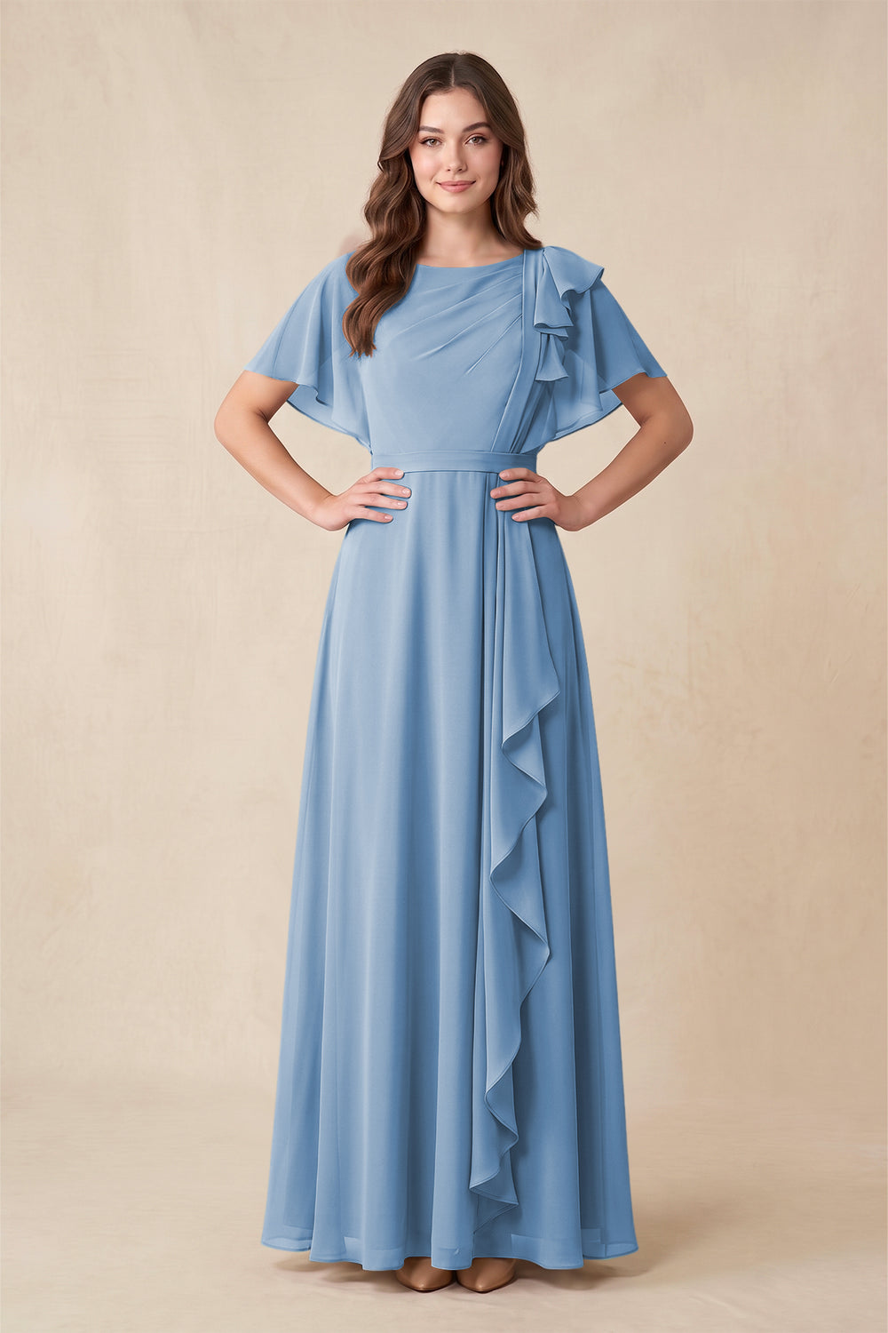 Short Sleeves Bateau A-Line Chiffon Bridesmaid Dress in Steel Blue