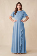 Steel Blue Short Sleeves Bateau A-Line Chiffon Bridesmaid Dress | KISSBRIDAL
