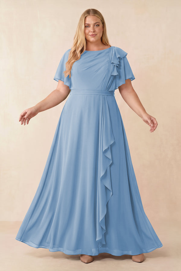 Steel Blue Short Sleeves Bateau A-Line Chiffon Bridesmaid Dress [sizeplus] | KISSBRIDAL