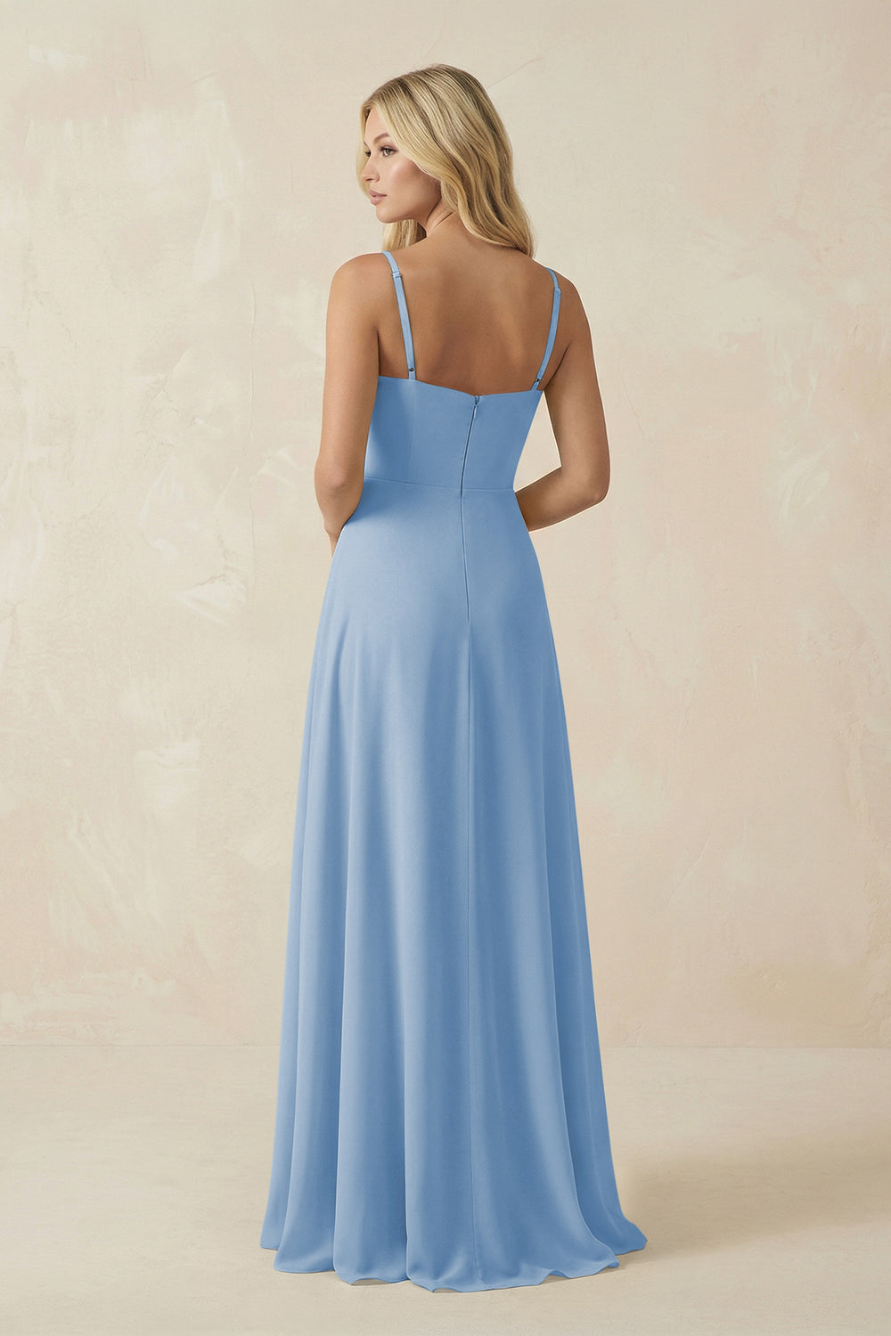 Spaghetti Strap Chiffon A-Line Bridesmaid Dress in Steel Blue