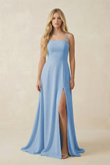 Steel Blue Spaghetti Strap Chiffon A-Line Bridesmaid Dress | KISSBRIDAL