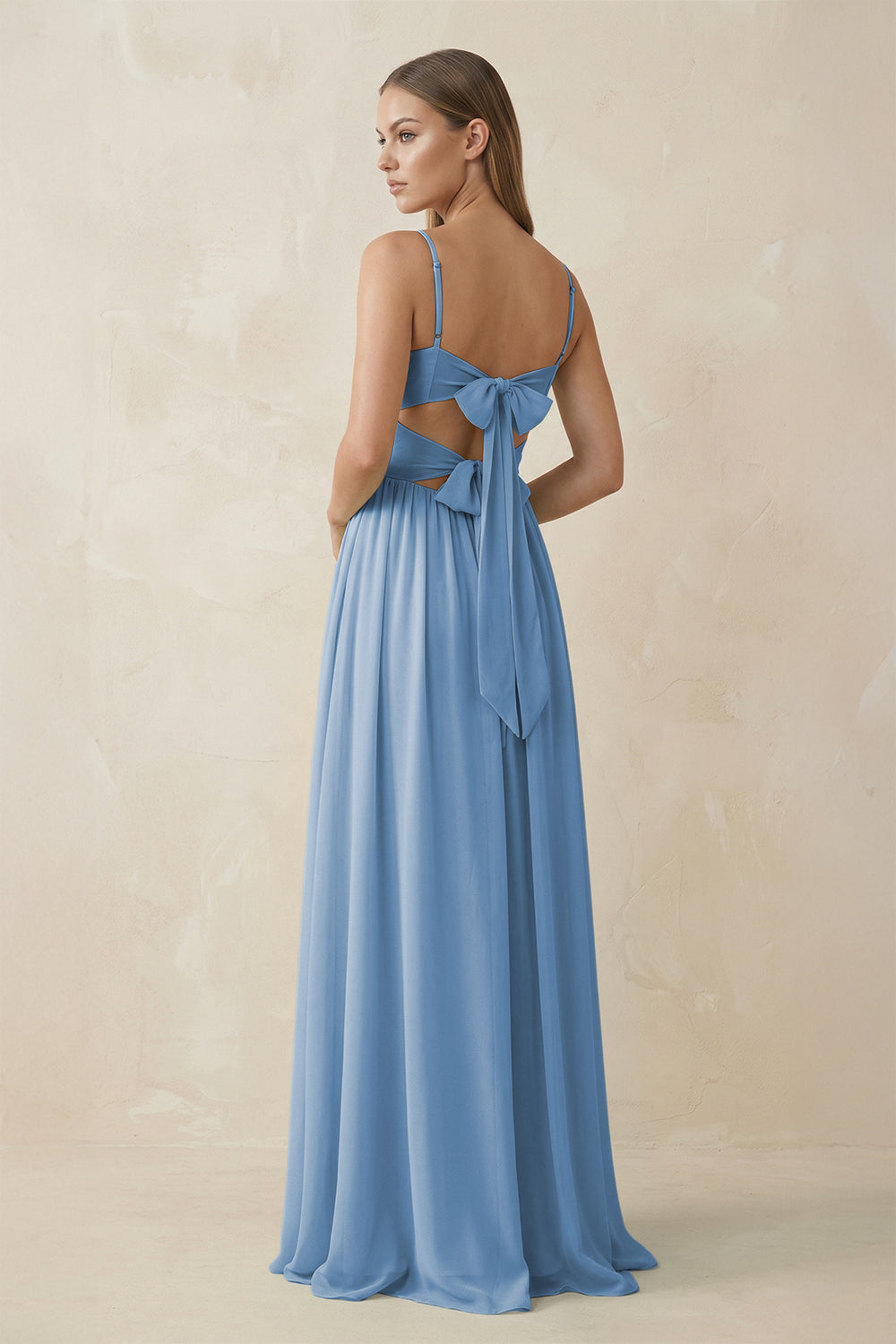 Spaghetti Strap Pleated A-Line Chiffon Bridesmaid Dress in Steel Blue