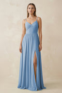 Steel Blue Spaghetti Strap Pleated A-Line Chiffon Bridesmaid Dress | KISSBRIDAL