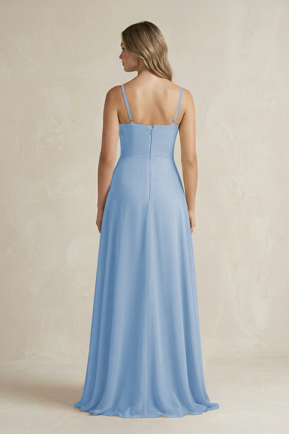 Spaghetti Strap Ruffled A-Line Chiffon Bridesmaid Dress in Steel Blue