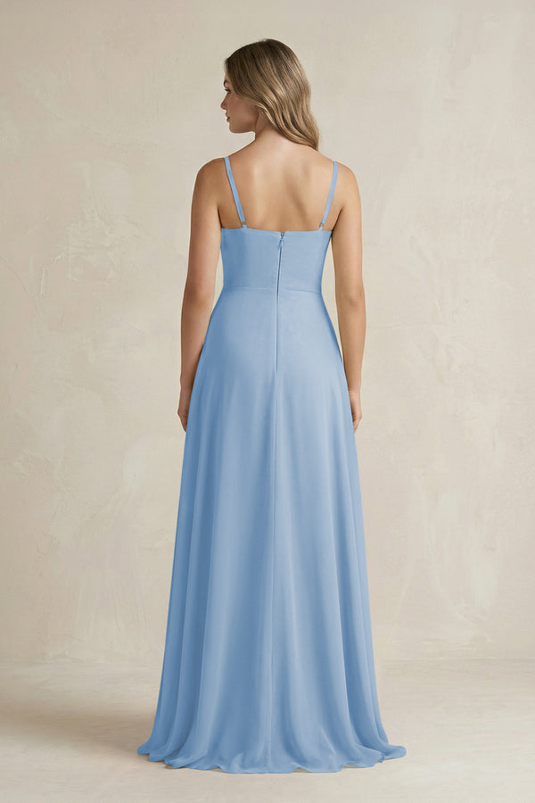 Steel Blue Spaghetti Strap Ruffled A-Line Chiffon Bridesmaid Dress (2) | KISSBRIDAL