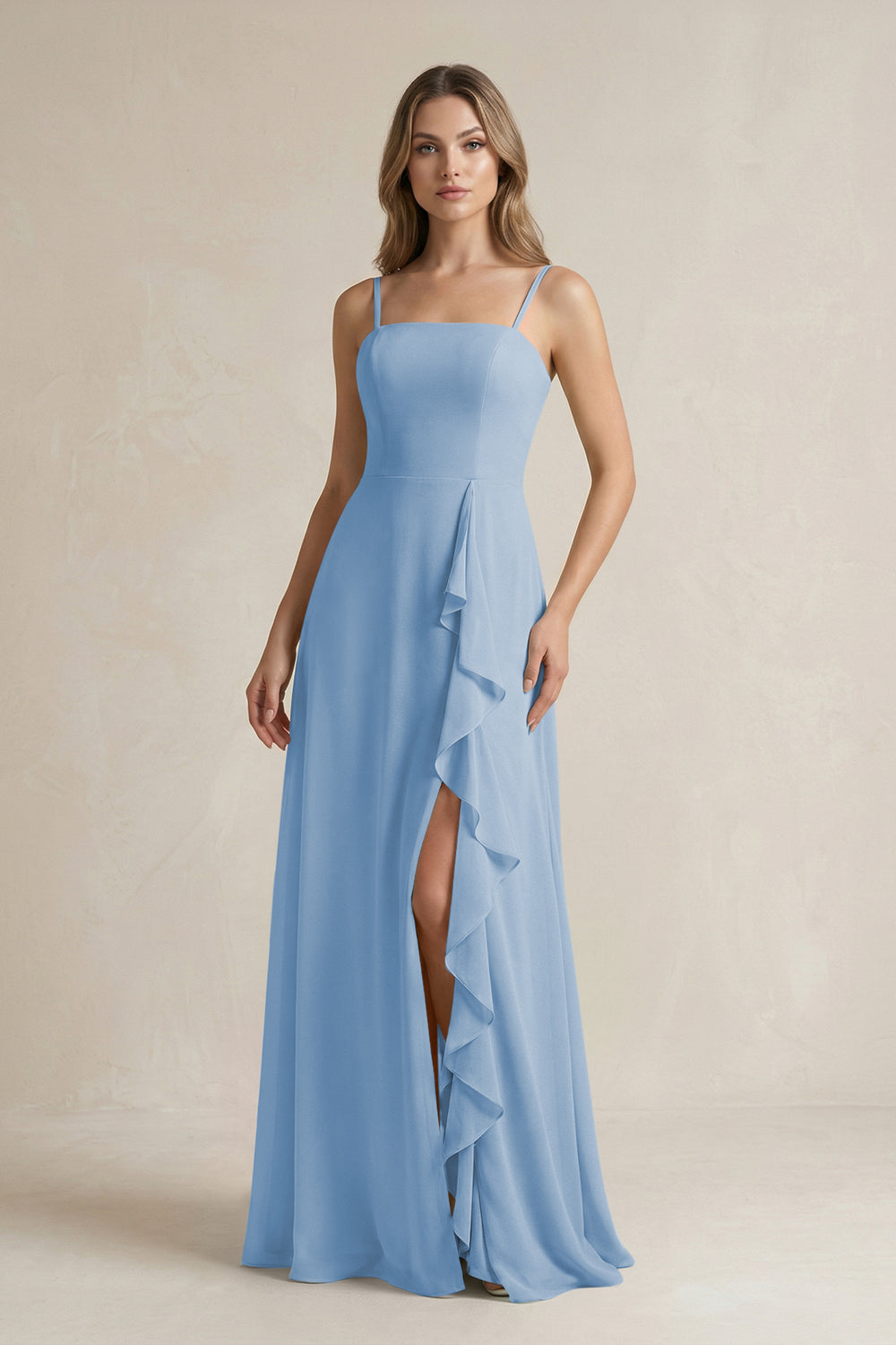 Spaghetti Strap Ruffled A-Line Chiffon Bridesmaid Dress in Steel Blue
