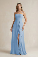Steel Blue Spaghetti Strap Ruffled A-Line Chiffon Bridesmaid Dress | KISSBRIDAL