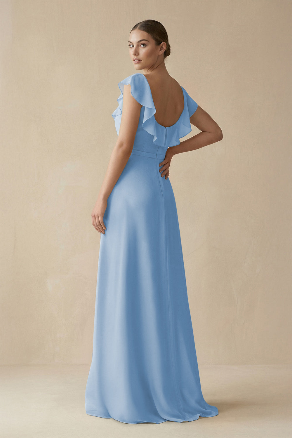 Square Neck A-Line Bridesmaid Dress with Ruffles in Steel Blue