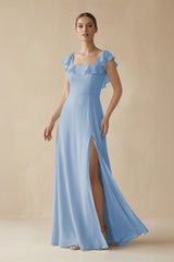 Steel Blue Square Neck A-Line Bridesmaid Dress with Ruffles | KISSBRIDAL