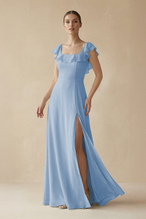 Steel Blue Square Neck A-Line Bridesmaid Dress with Ruffles | KISSBRIDAL